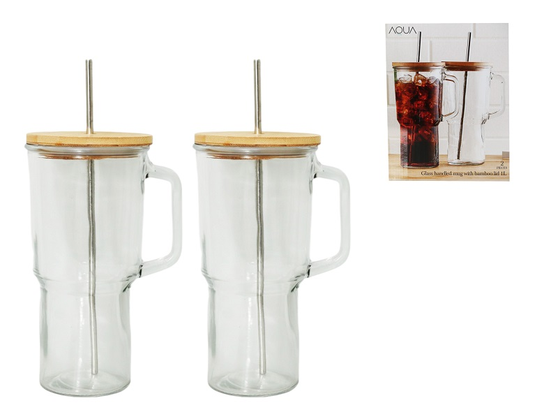 Aqua Glass Tumbler Set with Bamboo Lid & Straw – 2pc 1L | Eco-Friendly Drinkware South Africa