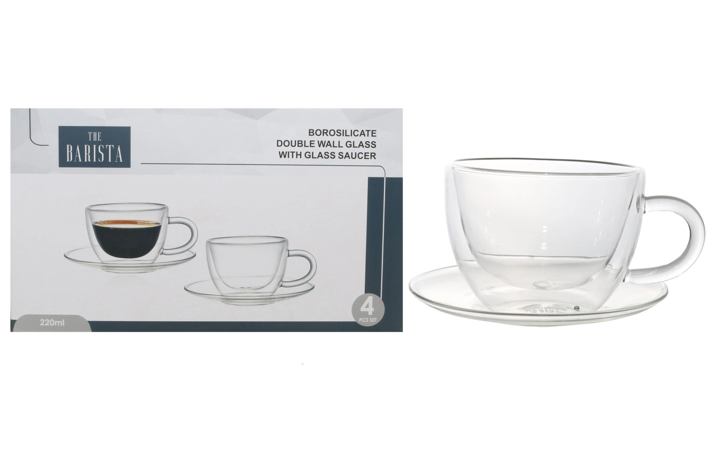 Barista Borosilicate Double Wall Café Tea Cup and Saucer 220ml GlassLink