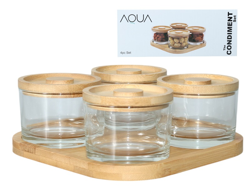 Bamboo Condiment Set with Tray | 4-Piece Glass Serving Set - GlassLink
